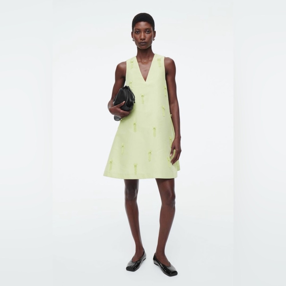 COS Pale Lime Embellished V-Neck Mini Dress